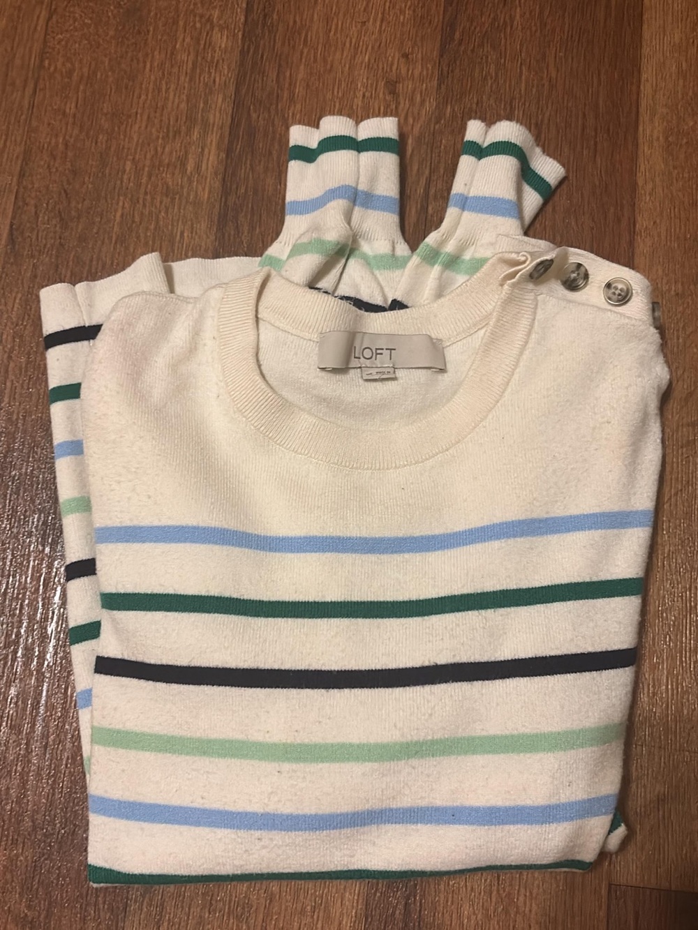 LOFT Cream Sweater with Green, Blue and Mint Stripes